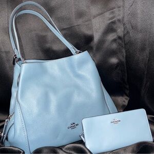 Coach Sky Blue Leather Shoulder Bag and Wallet